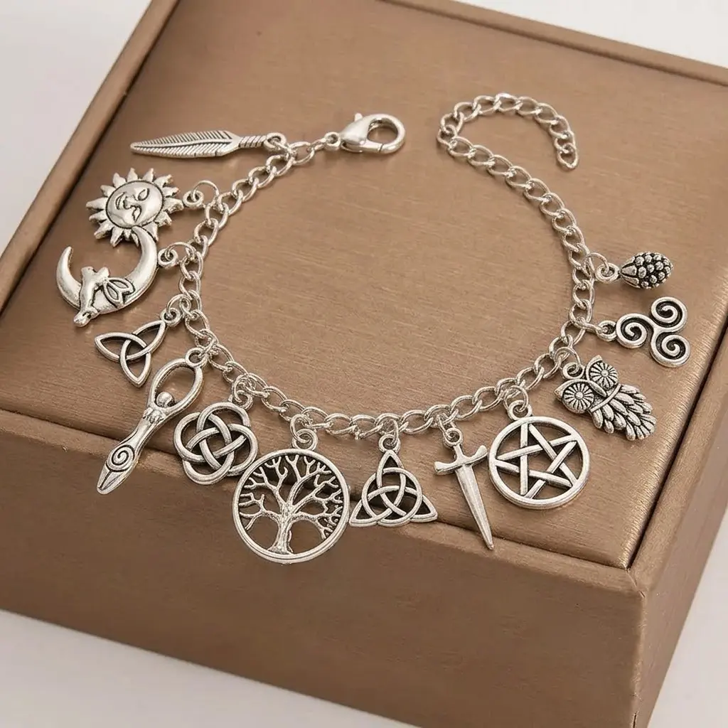 Vintage Witchy Boho Charm Bracelet - Silver Tone Pagan Jewelry with Celtic Knot & Moon, Pentagram Charms - Celestial Gothic Spiritual gift, Wiccan Charm Anklet for Women backtoschool