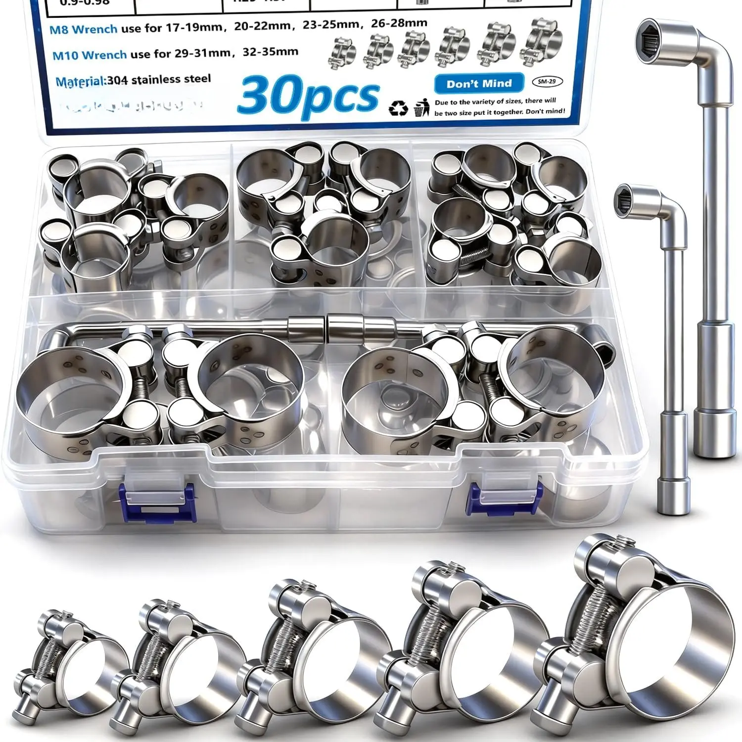 30 count 17-35mm T-bolt Hose Clamps 304 Stainless Steel 6-sizes Heavy Duty T bolt Hose Clamps with M8 and M10 Socket Wrenches