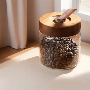 Glass sealed jar for coffee beans, one-way vent vacuum jar with wooden lid, food-grade tea storage jar, Airtight Lid, Glass Storage Containers, Airtight Glass Jars