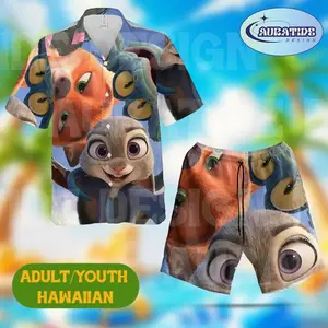 Cute Fox Bunny Face Hawaiian Shirt Shorts Set Adult Youth Men Women Funny Cartoon Animal Beach Outfit Summer Vacation Casual Loose Aloha Matching Set Party Gift