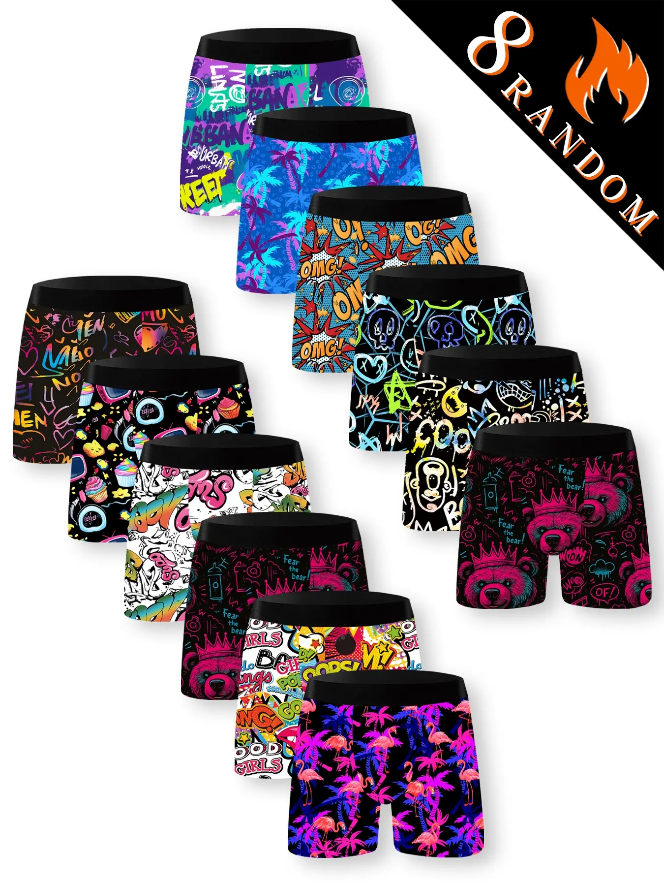 Men's stylish long Stretchy boxer briefs set, 8 random breathable stretch streetwear underwear, comfortable and fashionable graffiti design, flamingo/purple bear/letter various style prints, mixed styles, suitable for daily wear or casual occasions