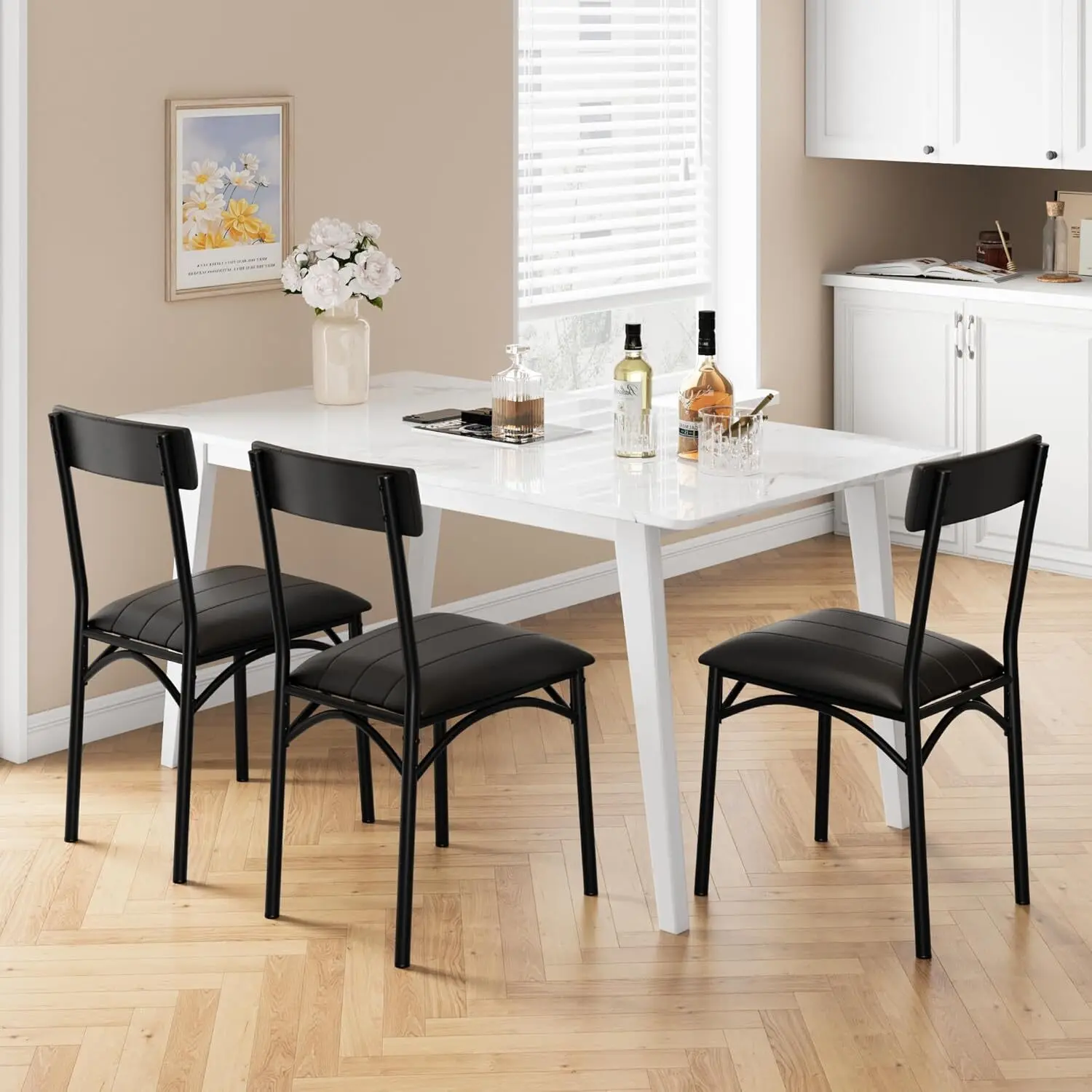 Dining Chairs Set of 2, Upholstered Dining Chairs with Back, PU Leather Kitchen Dining Chair, Black Chairs for Kitchen, Apartment, Living Room, Comfortable Seat, Easy Assembly, Classic Black Wood