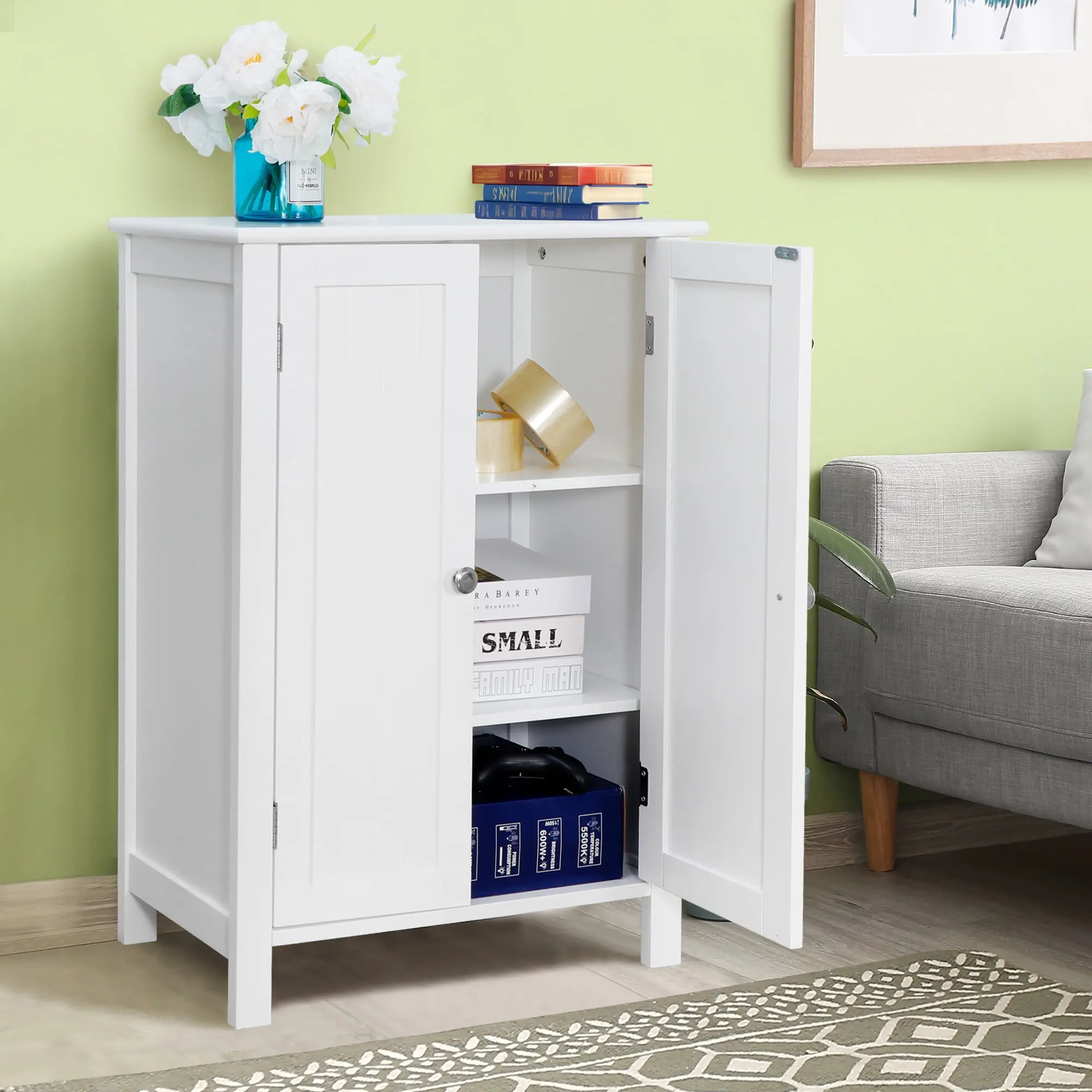 Zeny Modern White MDF Wood Waterproof Sideboard - 2-Door Storage Floor Cabinet, Non-Locking Flat-Top, Adjustable Shelves, Quick Install, Stable Base for Bathroom, Storage Floor Cabinets, Non-Locking Floor Cabinets