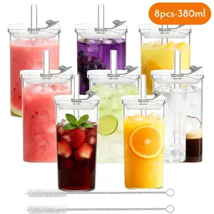 8 Pack 380ml Clear Square Glass Cups With Lids Straight Straws Cleaning Brushes Large Capacity Reusable Eco Friendly Drinkware For Home Office School Travel Daily Coffee Tea Water Juice Milk Drink Cup Set
