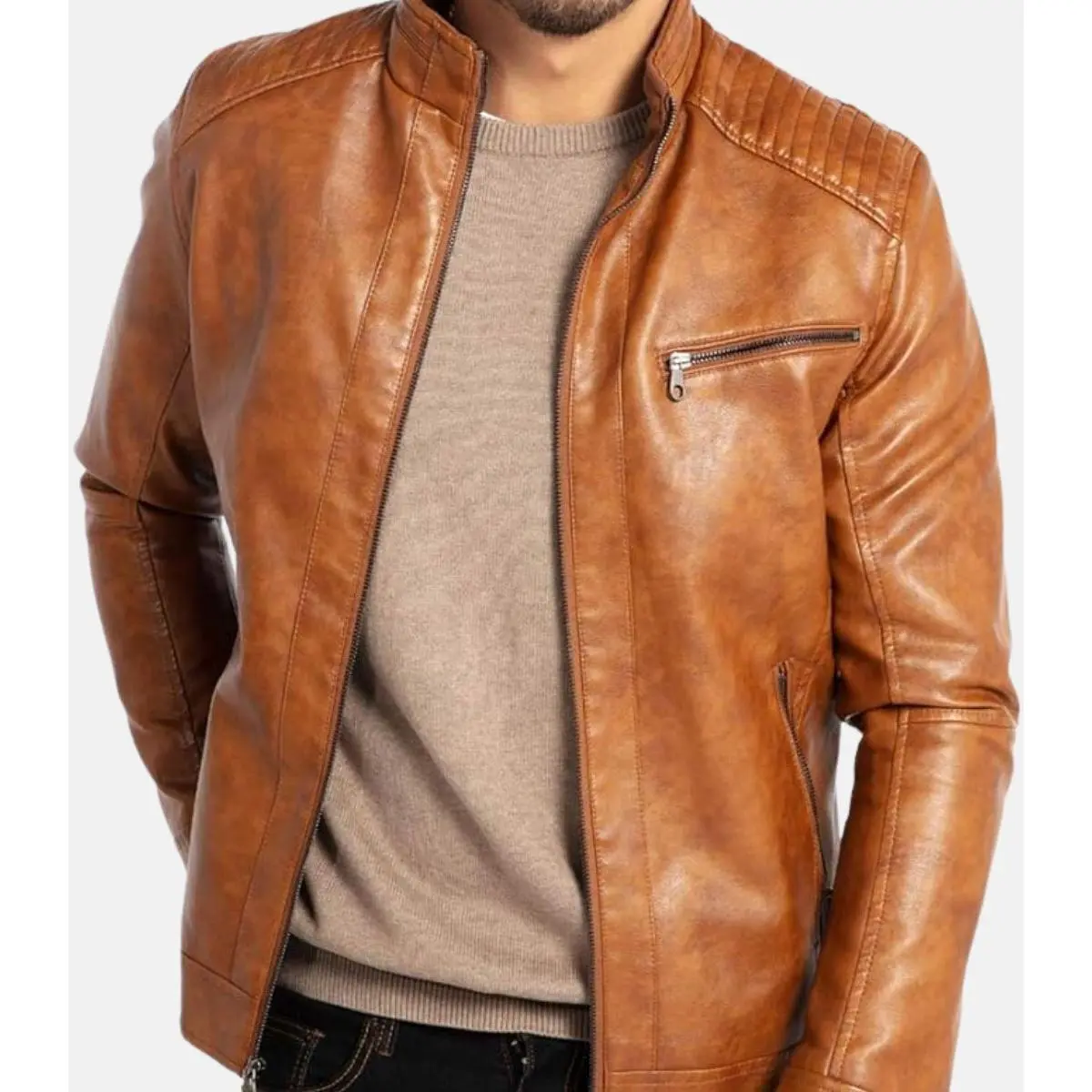 Men's Stylish Tan Brown Leather Jacket with Stand Collar Style