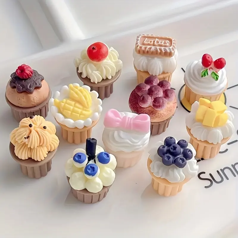 12 Piece Rainbow Cake Resin Craft Decorations, Mini Dessert Ornaments with Cupcakes, Donuts, Macarons, Fruit, DIY Party Decoration, Cake Decoration Supplies