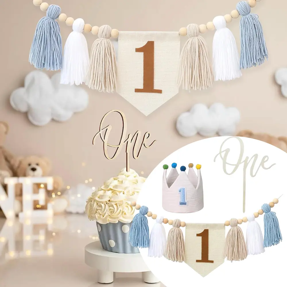 Kids' 1st Happy Birthday Decorations Set (Blue) - Handmade Bunting Banner, Comfortable Soft Felt Conical Hat, Durable Wood Bead Tassels Garland, Bling Cake Topper, Sturdy Fringe Charm Pieces, Customizable Foldable Easy-Setup Kitchen Party Ornaments, Highc