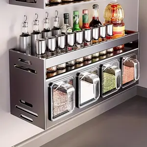 Wall-mounted Spice Rack Organizer - Aluminum-magnesium Alloy, Rust Resistant, No-drill Installation, Includes 6 Clear Seasoning Containers & Canisters for Kitchen Storage