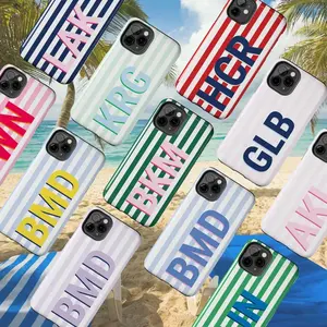 Custom Monogram Initials Case for iPhone 17 16 15 14 13 Shadow Monogram Retro Stripe Summer Beachy Tough Phone Cover Personalized with Initial