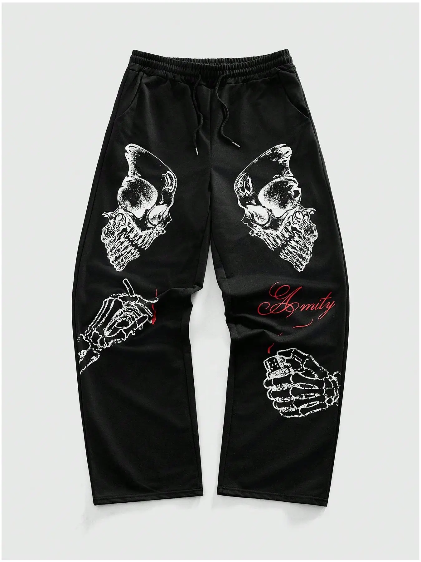 Unisex Dark Aesthetic Baggy Joggers - Gothic Skeleton Hand & Lighter Graphic Sweatpants - Premium Wide Leg Streetwear Trousers for Opium Style & Grunge Outfits