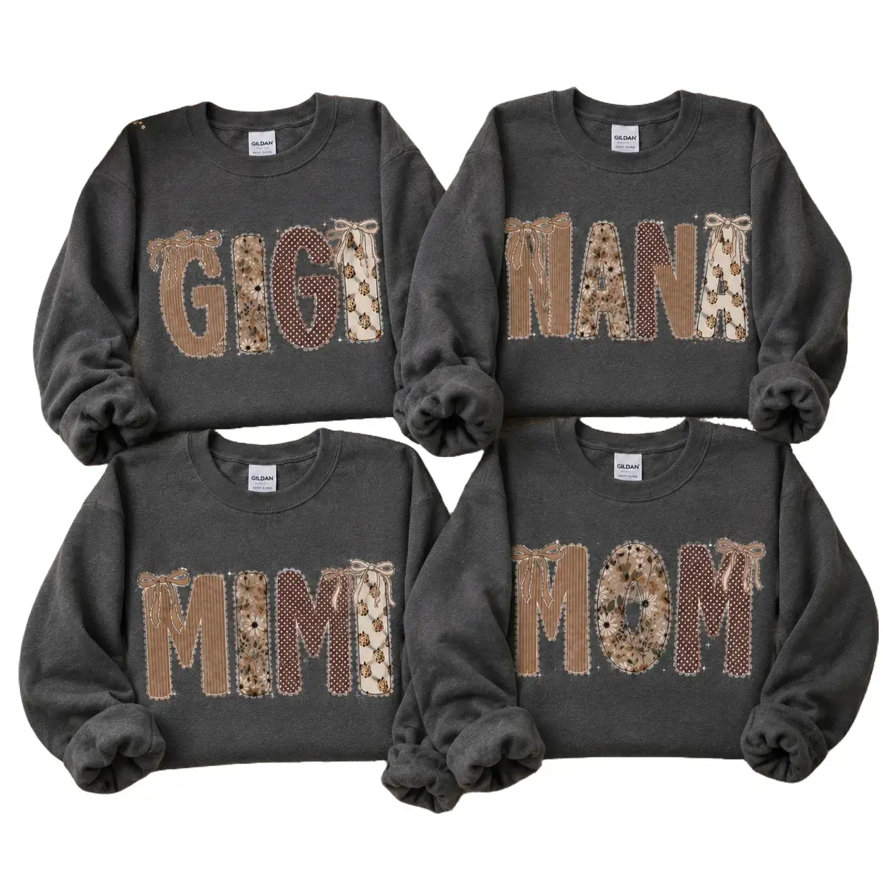 Custom Gigi Nana Mimi Mom Sweatshirt, Patchwork Bow Family Crewneck, Coquette Charcoal Shirt, Personalized Grandma Mama Gift for Women, Cute Fall Floral Family Sweatshirt -DarkFlex