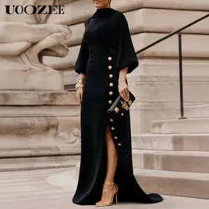 UOOZEE Women's 2025 Formal Elegant Dress - Gold-Buttoned, Lace-Up Mock Neck, Split, Loose, Minimalist, Comfortable, Basic Fit Chic Maxi Gown for Wedding, Prom - Sizing Runs Small (Check Size Guide or Order Larger),summervibes