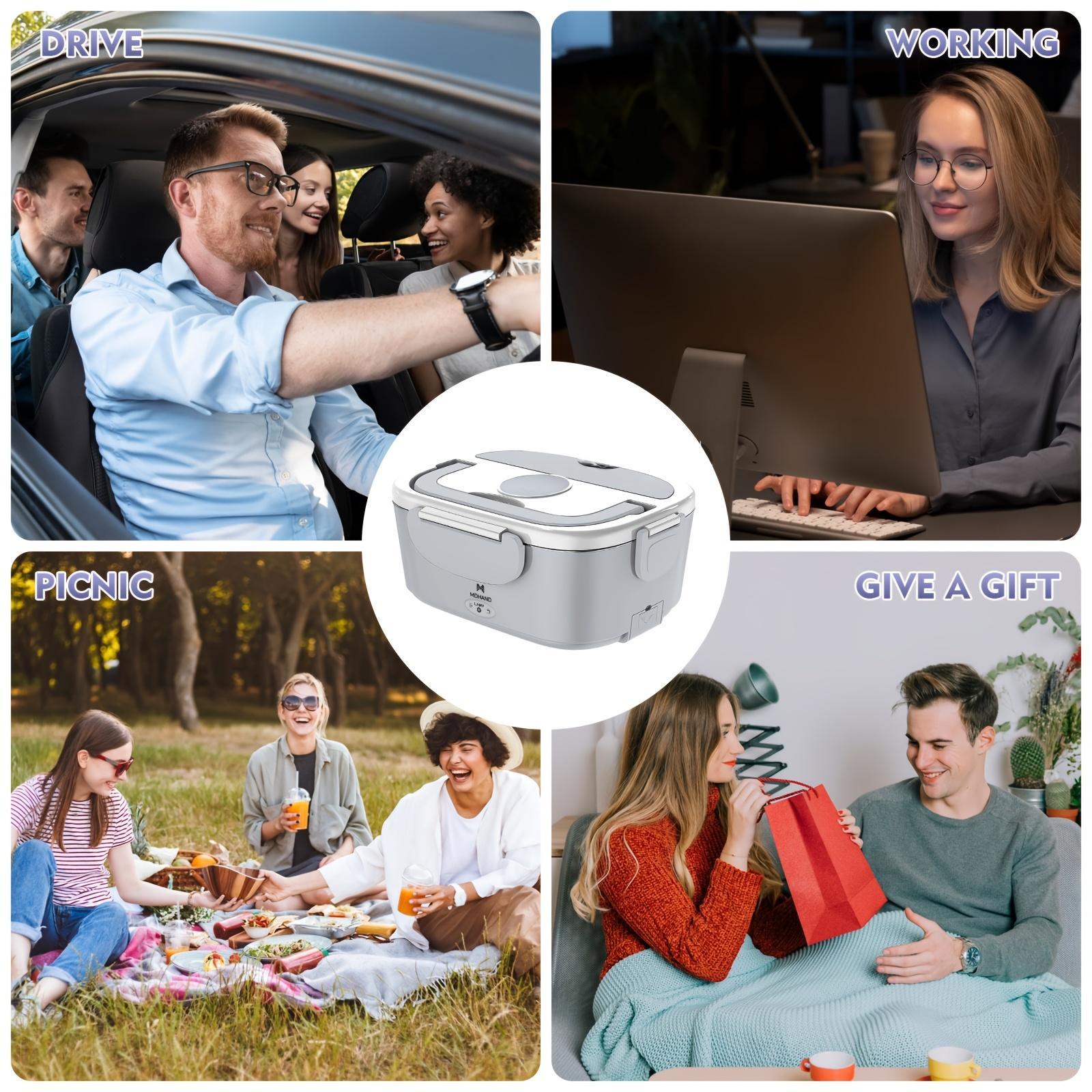 3-in-1 Lunch Box Food Warmer, 65W, Leak Proof, 50.72oz Detachable, 110V/12V/24V for Work/Auto/Outdoor with Fork Spoon and Tote Bag