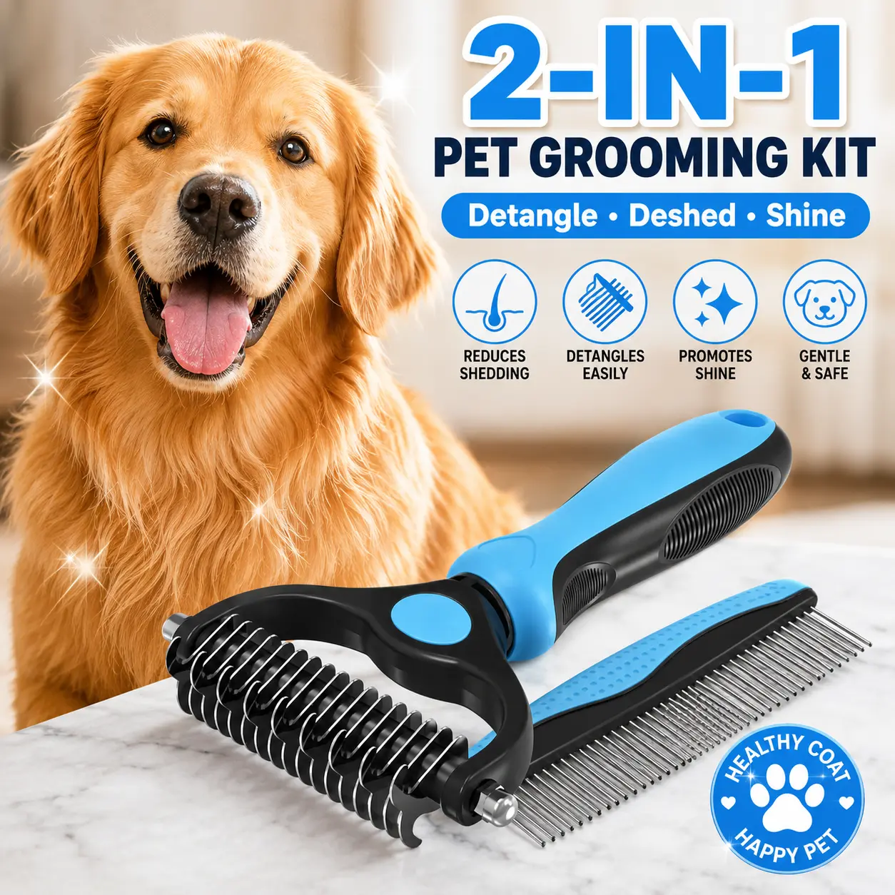 2-Pack Pet Dematting Comb Set - Hurtless Double-Sided Stainless Steel Undercoat Rake, Deshedding Brush for Dogs & Cats, Universal Fit Pet Grooming Supplies, Reduces Shed Home Grooming Tool