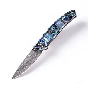 Collector-Grade Folding Kitchen Utility Tool Iridescent Abalone Shell Handle Damascus Steel Blade