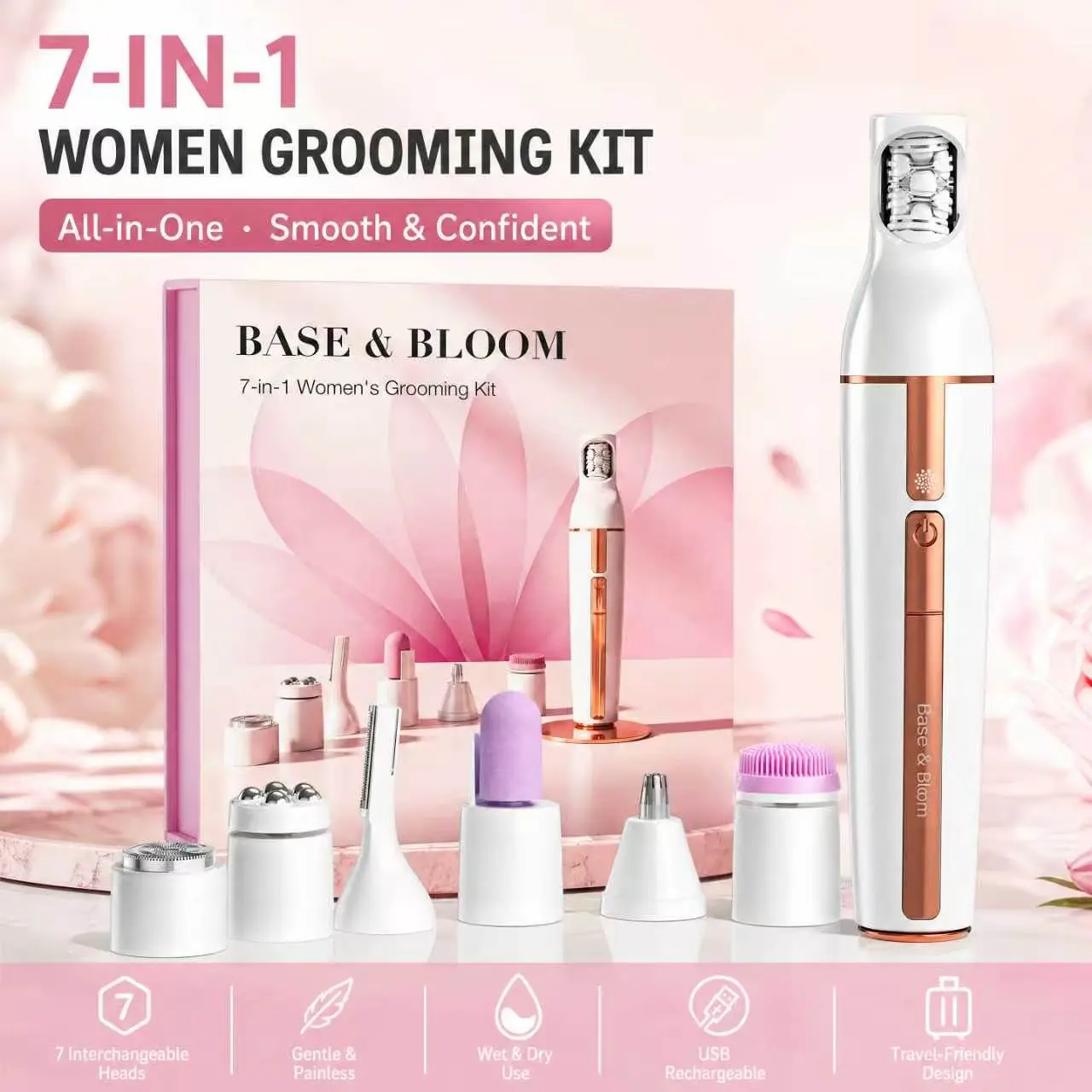 Base & Bloom 7-in-1 Hair Remover & Facial Care Kit - Painless Eyebrow Trimmer, Face Cleansing Brush & Massager, Dermaplaning Wand for Women