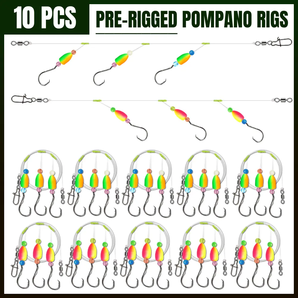 Pompano Rigs for Surf Fishing Saltwater Fishing Rigs with Floats and Beads Unique Double-Line T-Knot Pre-Rigged Surf Fishing Gear & Tackle with Circle Hooks High Visibility Durable