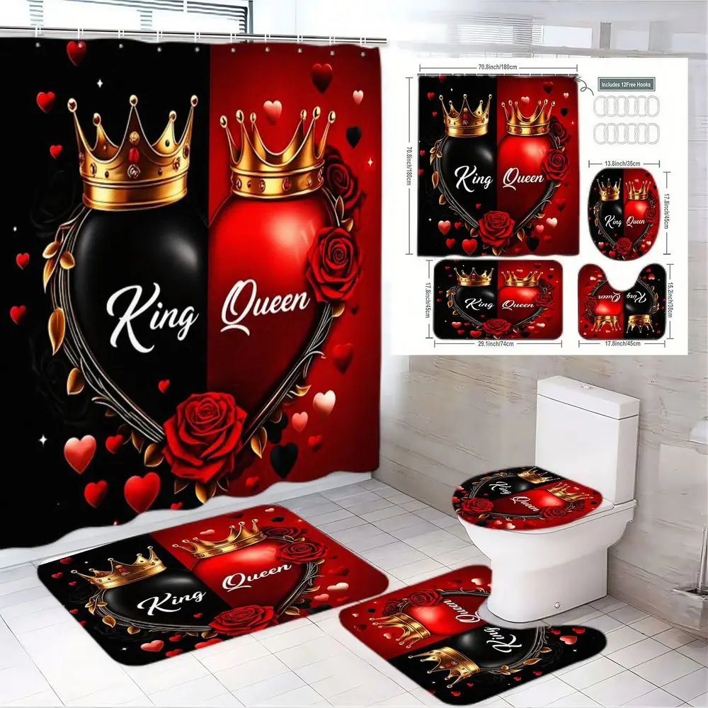 1/4pcsKing & Queen Valentine's Day Bathroom Set - Black Red Decorative Shower Curtain with Golden Crowns, Red Roses & Hearts, Matching 2 Bath Mats + Toilet Cover, Anniversary Home Decor, Shower Essentials, Bathroom Decor And Accessories
