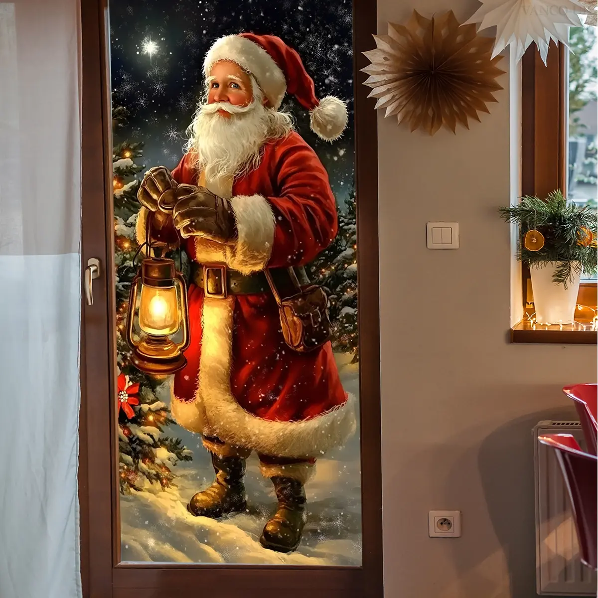 Large Merry Christmas Static Cling Window Sticker, Realistic Santa Claus Decoration, Festive Holiday Decor for Home & Shop Windows