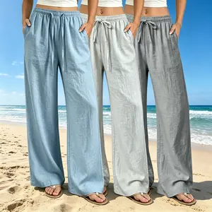 Women's Summer 3-Piece Set, Solid Color Linen Wide-Leg Pants with Elastic Waistband, Breathable Beach Casual Loose Bottoms
