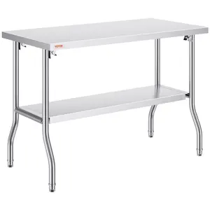 VEVOR Folding Commercial Prep Table,  48 x 24 Inch Commercial Worktable Workstation with Undershelf, Heavy-duty Stainless Steel Folding Table with 300 lbs Load, for Home Kitchen Restaurant Garage