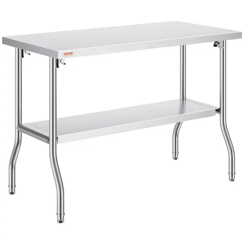VEVOR Foldable Rust-Resist Steel Rectangular Kitchen Table - 48x24in Drop-Down Worktable with 34in Leg, Undershelf, Easy Folding Mechanism, 300 lbs Load Capacity for Bars, Commercial Kitchens, Home Use