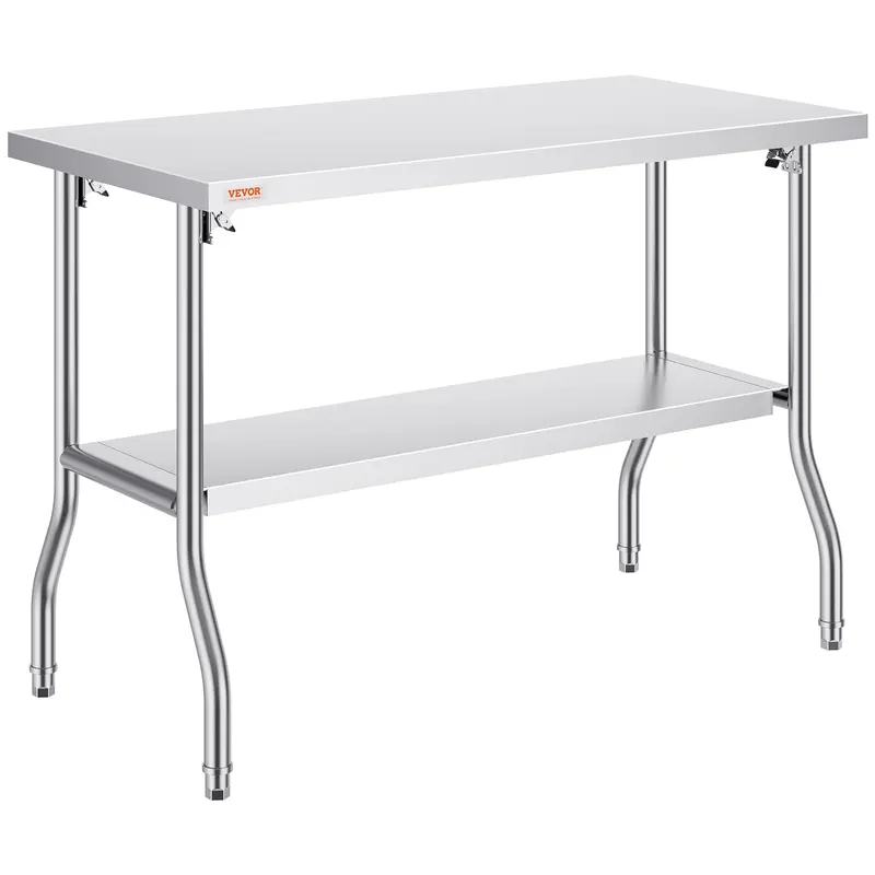 VEVOR Foldable Rust-Resist Steel Rectangular Kitchen Table - 48x24in Drop-Down Worktable with 34in Leg, Undershelf, Easy Folding Mechanism, 300 lbs Load Capacity for Bars, Commercial Kitchens, Home Use