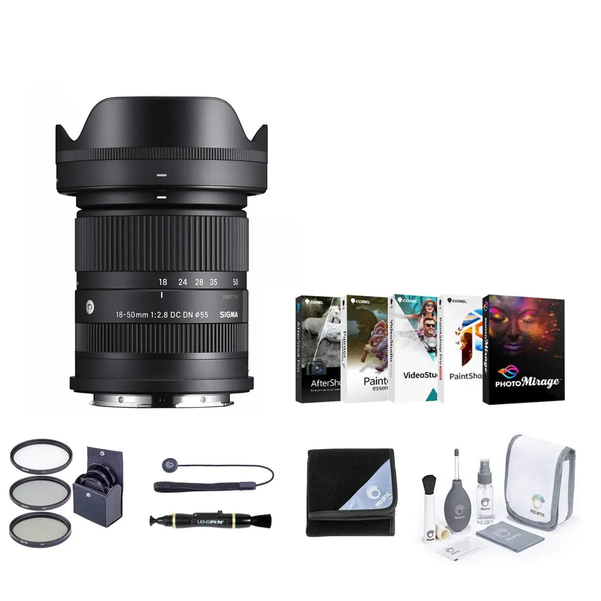 Sigma 18-50mm f/2.8 DC DN Contemporary Lens for Sony E Bundle with 55mm Filter Kit, Lens Cleaner, ProOPTIC Wrap, Cap Tether, Software Kit, Cleaning Kit