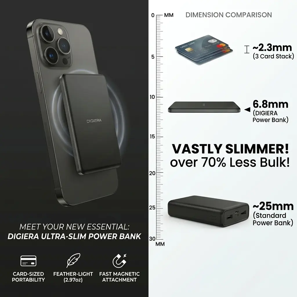 DIGIERA Ultra Slim Magnetic Power Bank for MagSafe,Fast Wireless Portable Charger Compatible with iPhone, Pocket-Sized Battery Pack