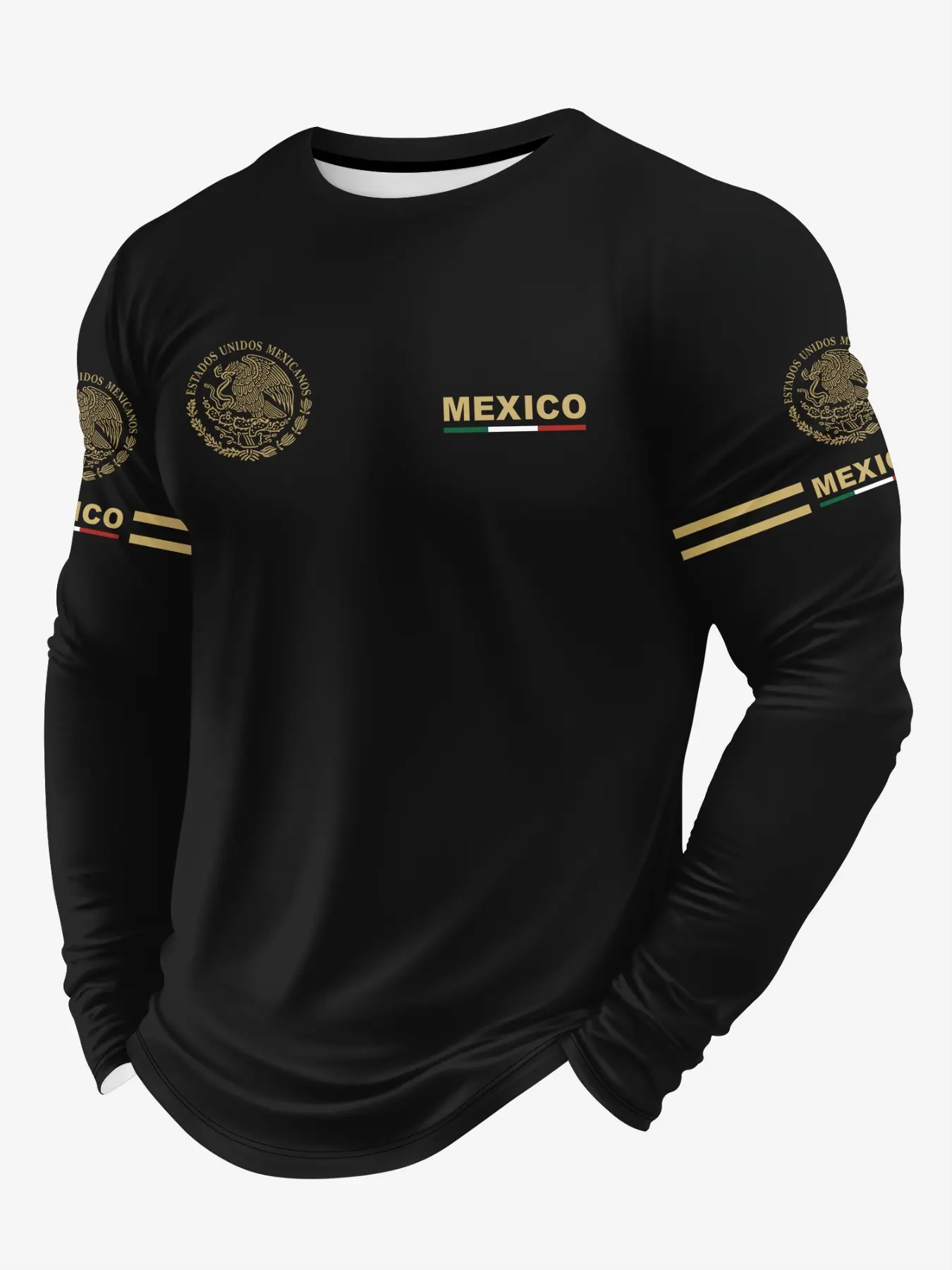 Men's Casual Crew Neck Fitted Mexico Street Fashion Graphic Long Sleeve T-Shirt, Streetwear, Ideal for Spring & Fall, Perfect Daily Wear, Comfortable and Stylish, Menswear