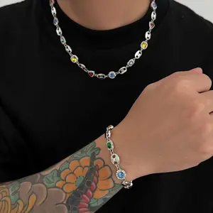 APRIL Men's Colorful Necklace & Bracelet Set Luxury Stainless Steel Jewelry Minimalist Stacking Set with Rhinestones Hypoallergenic Tarnish-Resistant