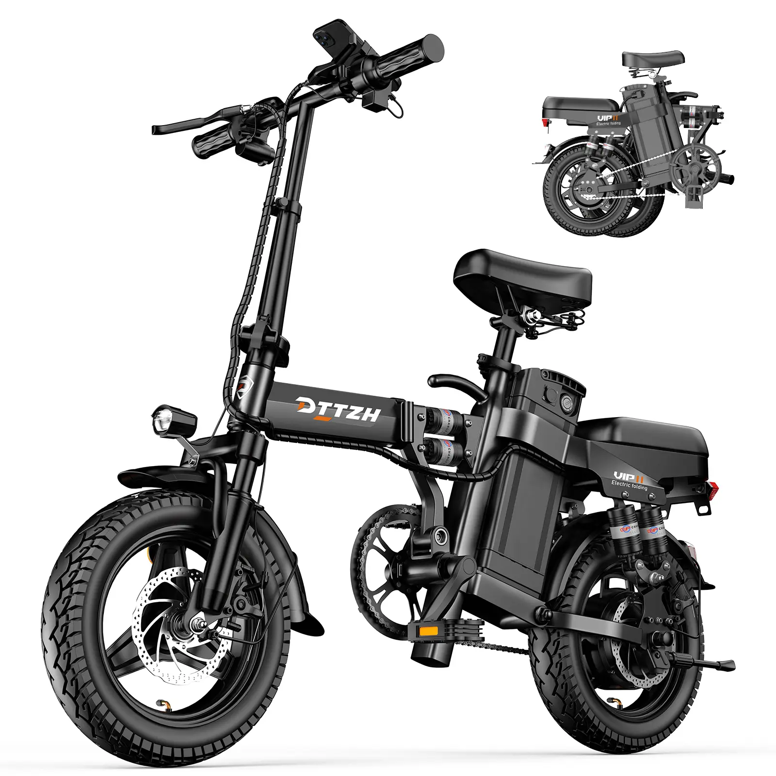 【DZZTH】A12S Foldable Electric Bike, 14"Commuter Adult Electric Bike, Peak Power 2000W, MAX PAS Range 80Miles,40 MPH Top Speed,52V25Ah Removable Battery, 14"Anti-Stab Tire and Rear Disc Brake Design, LED Display Portable Ebike,Can Carry 2 People, Ebike fat