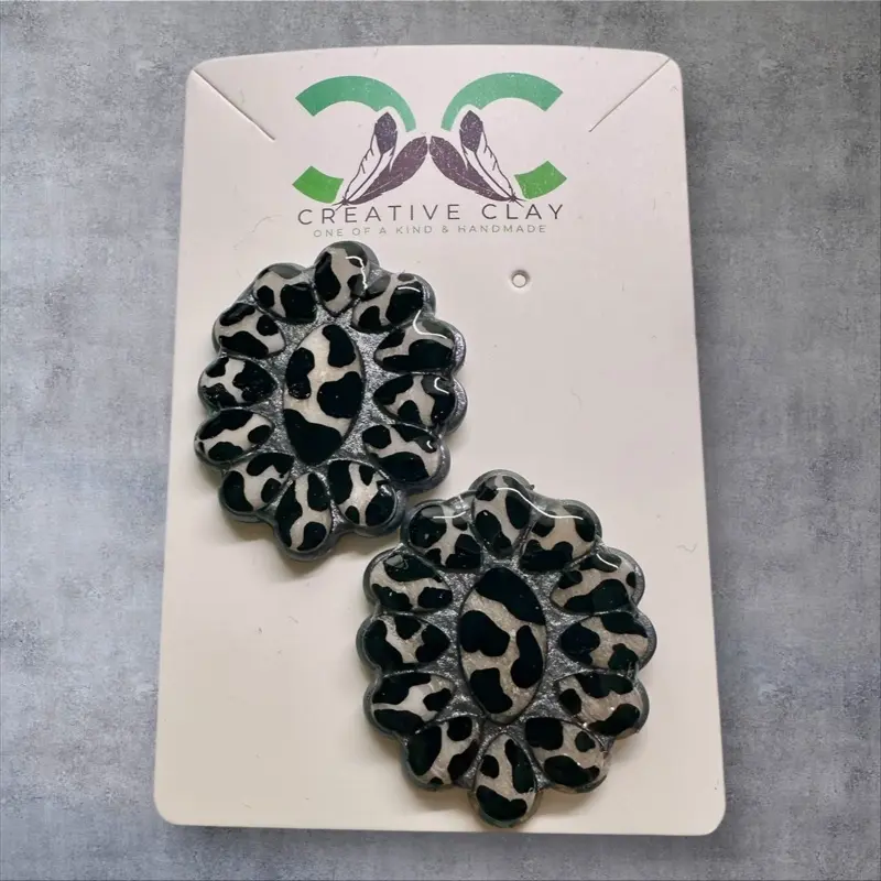 Cow Print/Silver Navajo Squash Blossom Cluster Earrings | Handmade Polymer Clay | Sterling Silver .925 Posts | Lightweight & Hypoallergenic | Southwest-Inspired Statement Jewelry