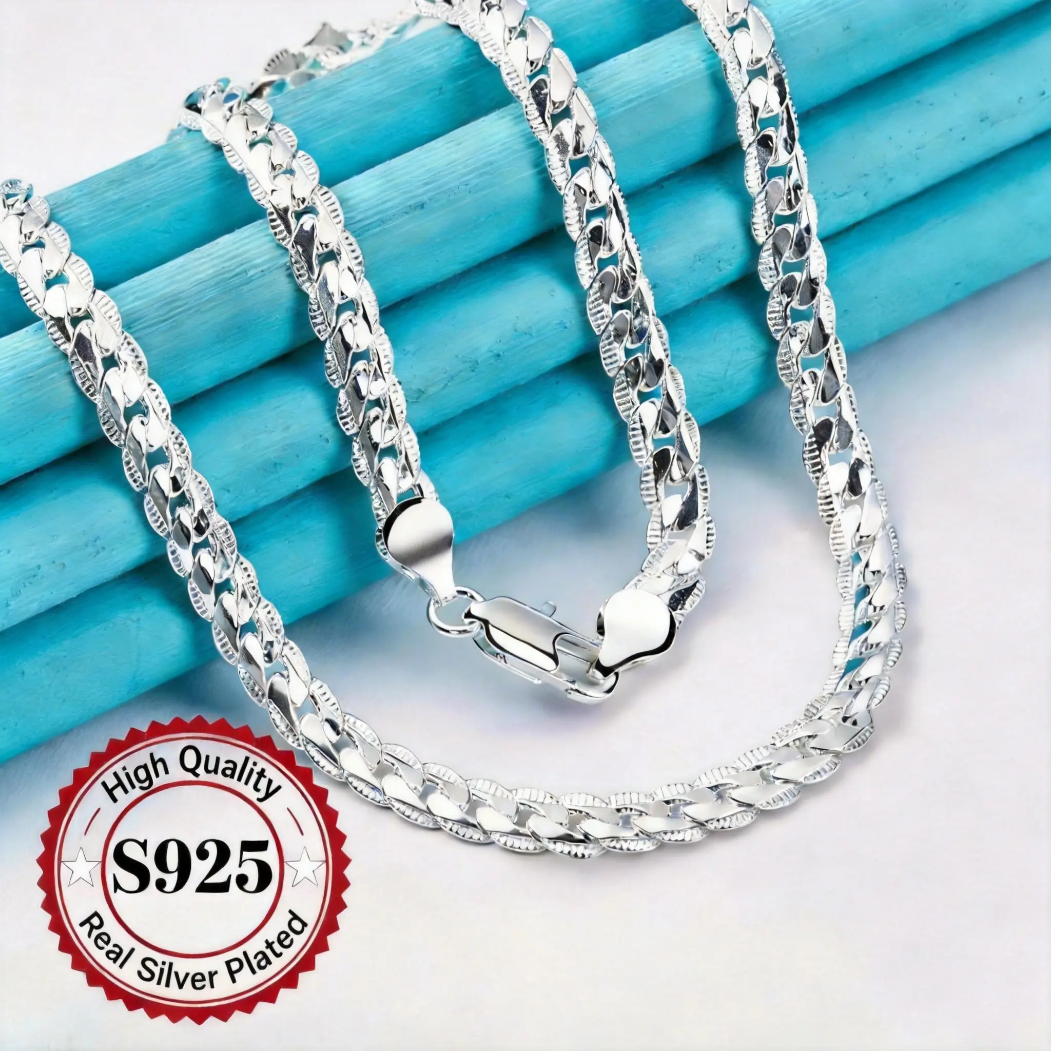 Unisex Fit 925 Silver Plated 6mm Flat Cuban Curb Chain Necklace - Side Cut Textured Link, Without Pendent, 22in Multi-Lengths, Daily Wear Fashion Jewelry, Ideal Gift for Special Occasions, Cuban Link Chain, Anniversary, Casual, Multi-Length, Birthday