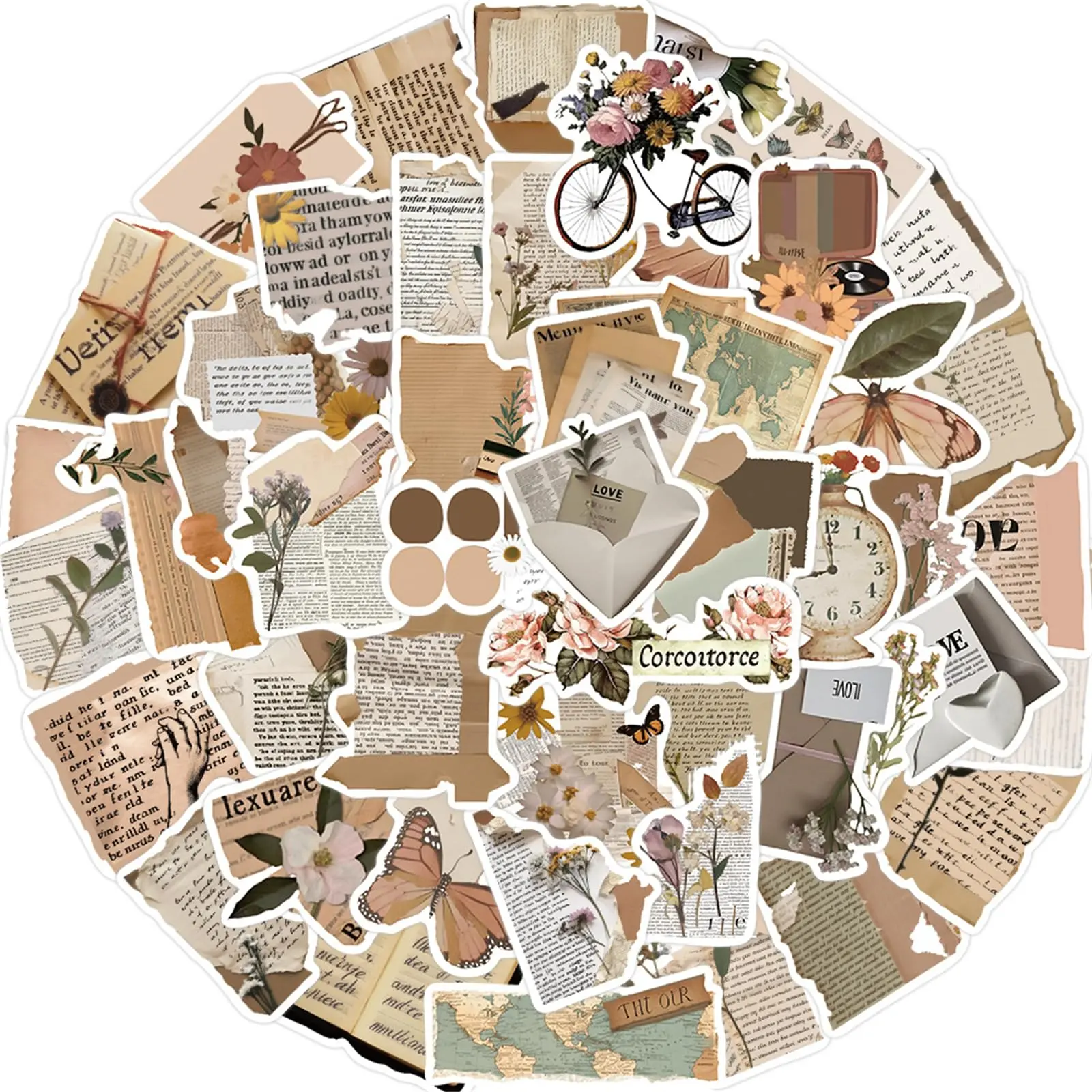 50Pcs Vintage Retro Boho Fragment Stickers, Aesthetic Vinyl Waterproof Decals for Teens Adults | Ideal for Journaling, Water Bottles, Luggage & Phones