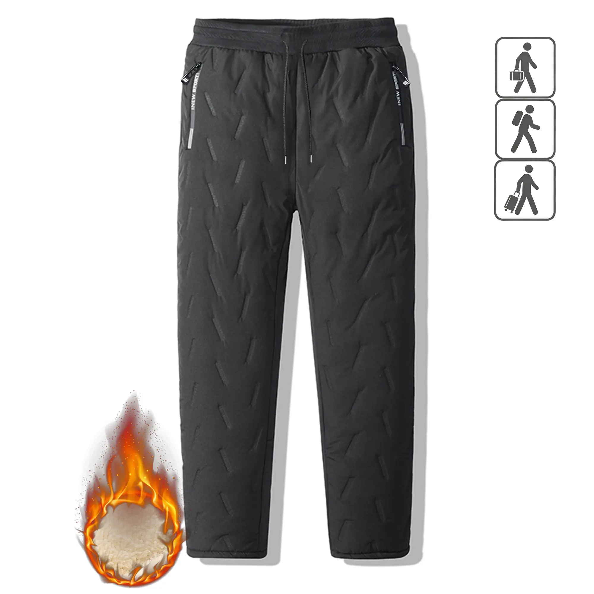 Men's Plain Quilted Polyester Pants - Warm, Pocketed, Drawstring Mid-Waist, Retro Basic, Stylish Cold Weather Winter Casual Trousers - Black, Quilted Plain Menswear Bottoms