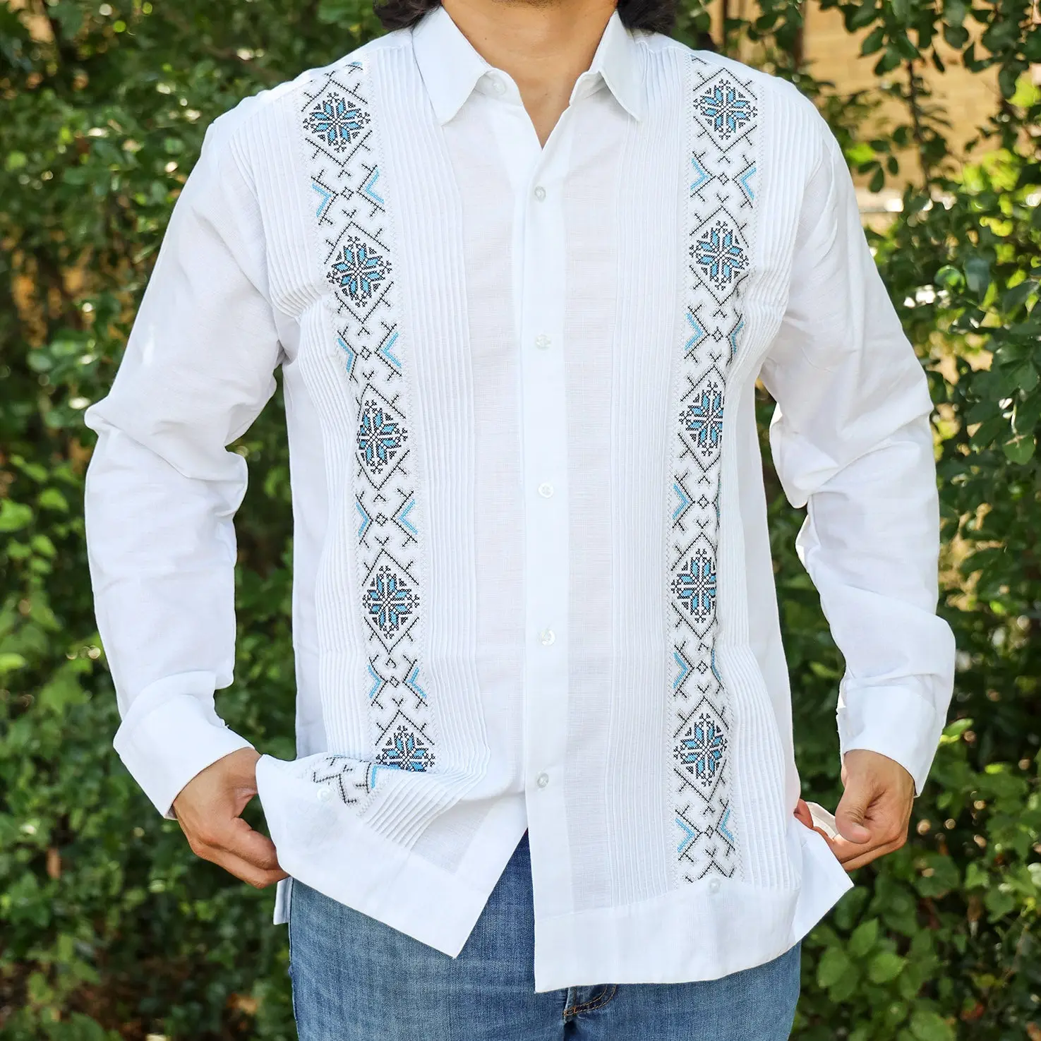 Men's Traditional Classic Cenote Embroidered Guayabera Shirt - Long Sleeves, Relaxed Cut, Geometric Design, Breathable Cotton Blend, Formal-Casual Cultural Top, Button Front, Collared Neck, Lightweight, Blue, Do Not Dry Clean