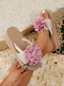 Women's Round Toe Thick Sole Wedge Sandals Flip Flops, Floral Pattern, Textile Upper, Rubber Sole, Casual Summer Shoes, All Seasons, Embellished Platform Sandals, Floral Design Sandals