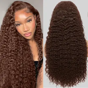 GK Chocolate Brown Deep Wave Lace Front Wigs Human Hair 180 Density 13x6 HD Lace Frontal Wig Curly Human Hair Pre Plucked Wig for Women Brown Glueless with Natural Hairline