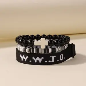Christian Cross WWJD Bracelet Set, 3Pcs WWJD Braided Rope Bracelet Cross Crystal Beads Stretch Bracelets for Women & Men, Trandy All-match & Exquisite Jewelry for Birthdays Party Gifts