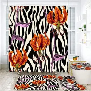 1/4pcs Wild Animal Print Bathroom Decor Set - Bold Zebra Stripes & Vibrant Tiger Lily Flowers Shower Curtain Sets, Toilet Lid Cover, Plus Luxurious Bath Mats for a Modern, Exotic Touch to Your Bathroom Space