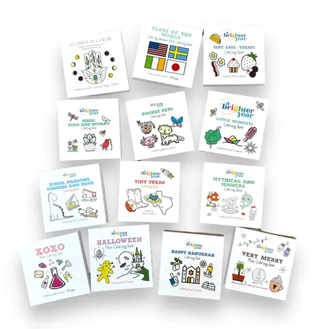 A Brighter Year 17-Piece 3x3 in Mini Coloring Activity Books Bundle - 17 Themes Inside, 50 Pages, Clarity in Color, Mythical and Magical, Little Moments, Tiny Texas, Flags of the World, Bold Easy Designs, Adult Christmas Stocking Stuffers