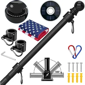 5FT Flag Pole Kit, Upgraded 1" Tangle-Free Stainless Steel Flagpole with Solar Light & Embroidered American Flag, Adjustable Bracket for Residential Commercial Day Night Use, Black