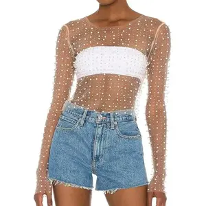 Women’s Pearl Rhinestone Sheer Mesh Crop Top – Sexy See-Through Long-Sleeve Slim-Fit Cropped Blouse/Shirt for Clubwear