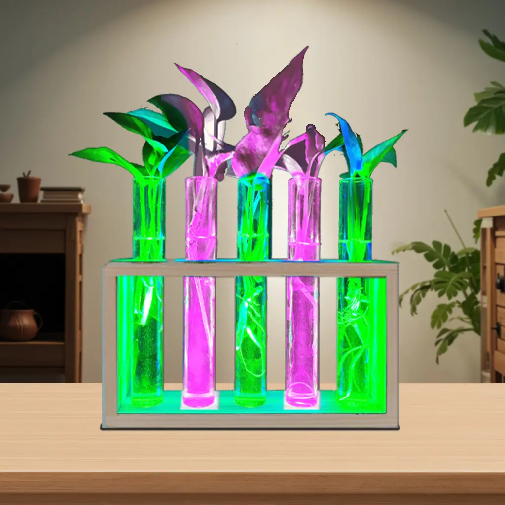 LED Multicolor Hydroponic Glass Tube Plant Growth Aid - USB-Powered, Pink & Green Wooden Basin, Fully Assembled Tabletop Mini Greenhouse, Indoor Home Garden Decoration Colorful Lights Germination Equipment (1 Set), Cylinder