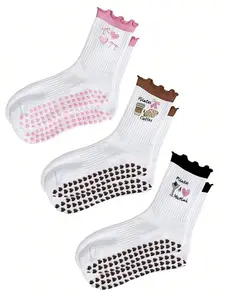 Women's Cute Princess Style Odor-Resistant Yoga Socks, Comfortable Soft Embroidered Mid-Calf Socks, Anti-Slip Sports Socks, Pilates Socks, Grip Socks