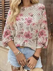Spring & summer Bohemian Boho Womenswear knit top, round neck, hollow-out batwing sleeves, loose fit. Contrast pink floral print, lightweight. Great for daily, commute, vacation & beach bikini cover-up.