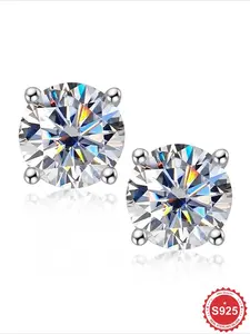 1 Pair Delicate Unique Shiny Four-claw Artificial Zircon Earrings for Women Real S925 Sterling Silver Jewelry Bridal Wedding Engagement Anniversary Dating Party for Ladies As Birthday Gift, Artificial Zirconia Earrings, Thick Studs