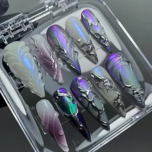 S17 Nailed by Vibe Iridescent Chrome Marble Press-On Nails, 3D Metallic Art, Gradient Aura, Luxury Custom Handmade, Party Glam Look, Y2K, Gift For Her