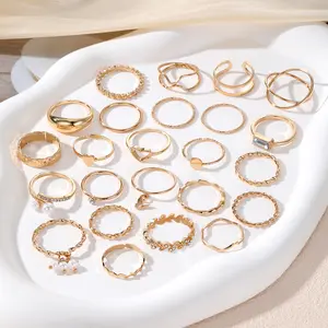 Women's Stackable Fashion Costume Jewelry Rings Set - Crystal Accents, Heart Charm, Mixed Bands, Everyday Wear